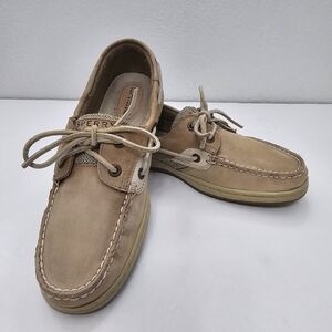 Sperry Topsiders Women's 2 Eye Boat Deck Shoes Tan Leather Gray Canvas Size 8